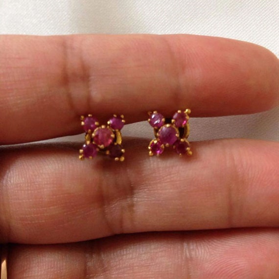 Estate Ruby Studs Vintage 18K Solid Yellow Gold N… - image 7