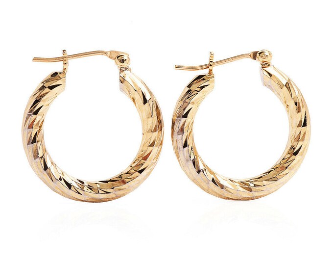 Estate Gold Hoops 14K Solid Yellow Gold Faceted Twisted Hoop Earrings Holiday Gift