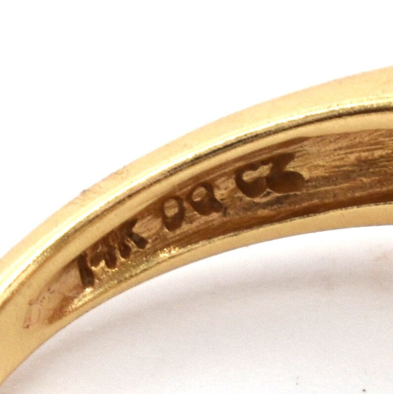 14K Solid Yellow Gold Ring Diamonique Cubic Zirconia Vintage Estate Signed DQCZ Nearly 4 Carats Total Nearly 4 Grams Size 4.5 Wedding