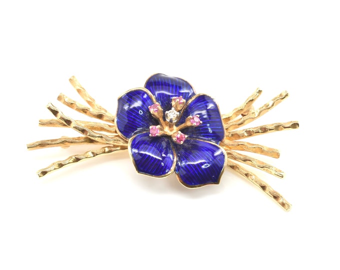 Estate Gemstone Brooch Vintage 14K Solid Yellow Gold Natural Diamond and Rubies Blue Enamel Floral Pin Holiday Gift