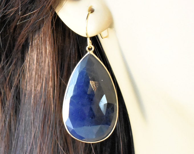 Estate 14K Solid Yellow Gold Natural Sapphire Earrings Nearly 37 Carats Total Weight Vintage Rose Pear Cut September Birthstone Gift