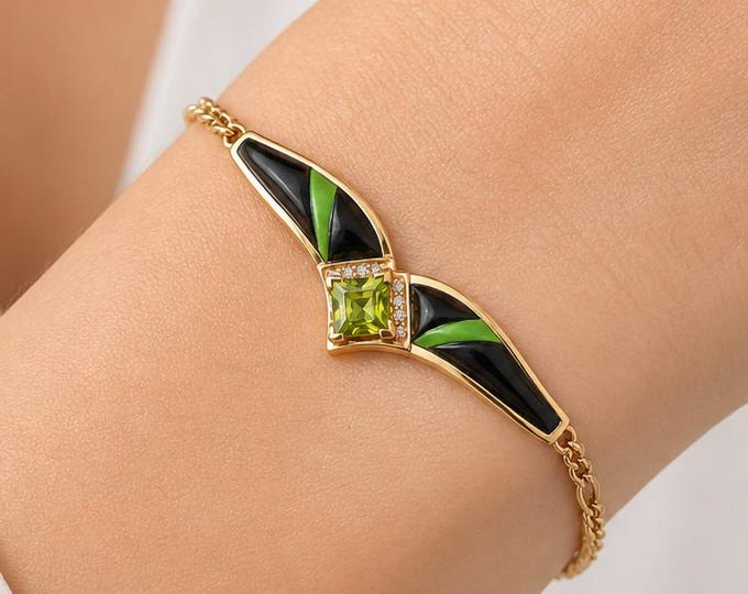 Vintage 14K Gold Art Deco Revival Peridot Diamond Onyx Designer Bracelet