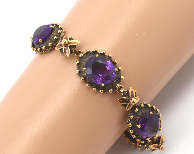 Estate Amethyst Bracelet 14K Solid Yellow Gold Vintage Natural Amethysts Over 23 Carats Total February Birthstone Over 7 Inches Long Gift