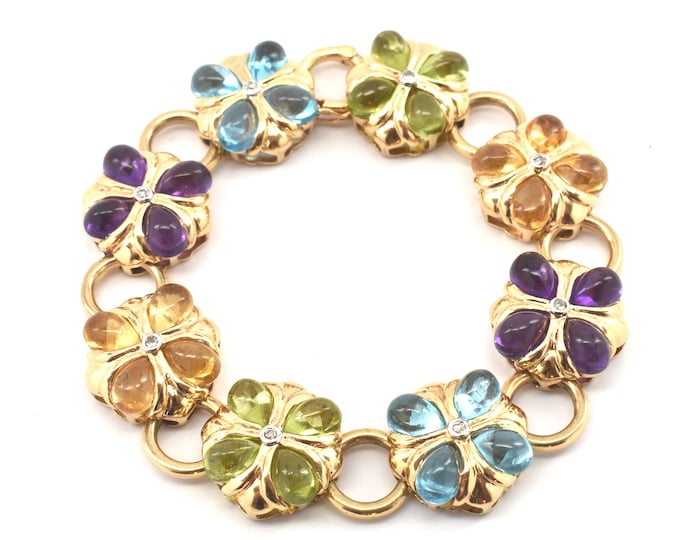 Vintage 14K Yellow Gold Gemstone Bracelet: Diamond, Amethyst, Topaz, Peridot