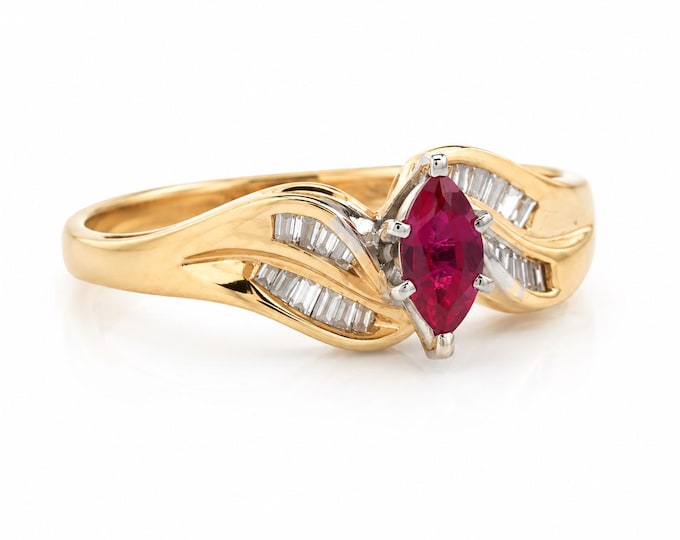 Vintage Marquise Ruby & Diamond Ring, 14K Yellow Gold, Size 6.5