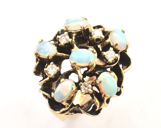 Vintage 14K Yellow Gold Opal Diamond Ring – Estate Jewelry Size 5.5