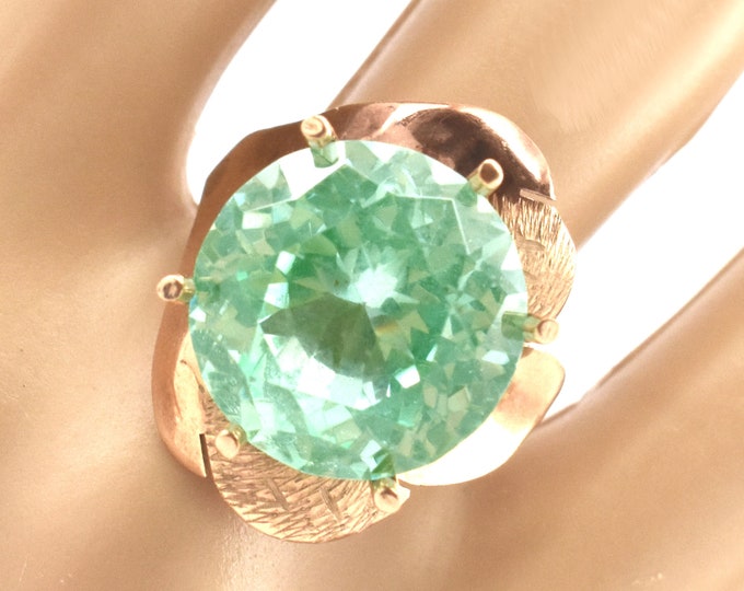 Estate Prasiolite Ring Vintage 14K Solid Rose Gold Green Quartz Ring Round Cut 12 Carats Size 7.25 Holiday Gift