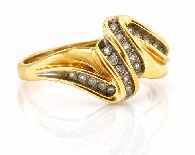 Vintage 14K Diamond Crossover Ring Modernist Wave Estate Gold Ring Size 6 75