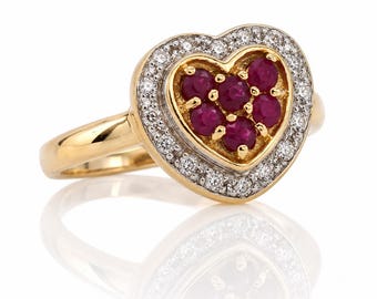 14K Gold Ruby Heart Ring Diamond Halo Estate Love Friendship Jewelry July Birthstone