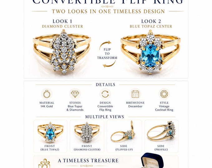 Vintage 14K Gold Convertible Blue Topaz Diamond Flip Cocktail Ring Size 7.5