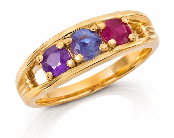 Vintage 14K Gold Amethyst Ruby Sapphire Three Stone Mothers Ring Size 4.75