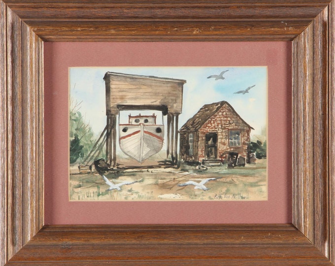 Estate Framed Painting Vintage Watercolor and Gouache by Betty Zoe Miller "Boatyard" 15.5 Inches x 12.5 Inches Matted Under Glass Wood Frame