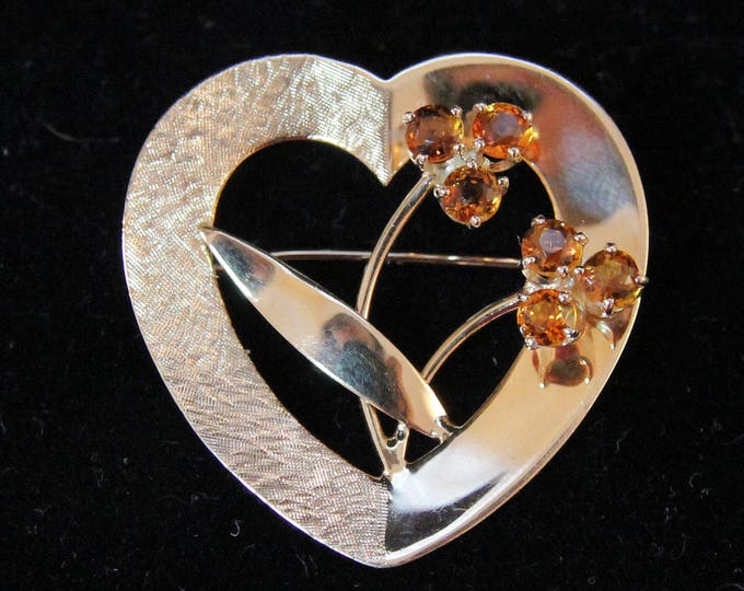 Estate 14K Yellow Gold Orange Citrines Heart Brooch Pin .6 Carats Total Weight CTW 5.8 Grams November Birthstone Holiday Gift