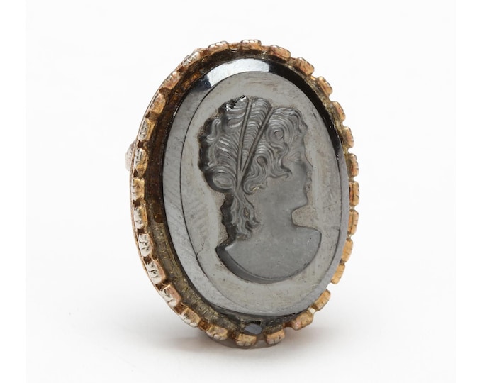 Black Hematite Cameo Mourning Brooch 10K Gold Metal Pin Bracelet Victorian Goth Holiday Gift