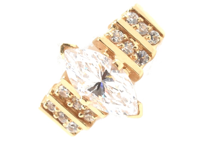 Estate Gold Ring Vintage 14K Solid Yellow Gold Marquise Round Cut Cubic Zirconia 5.01 Carats Size 7.75 Holiday Gift