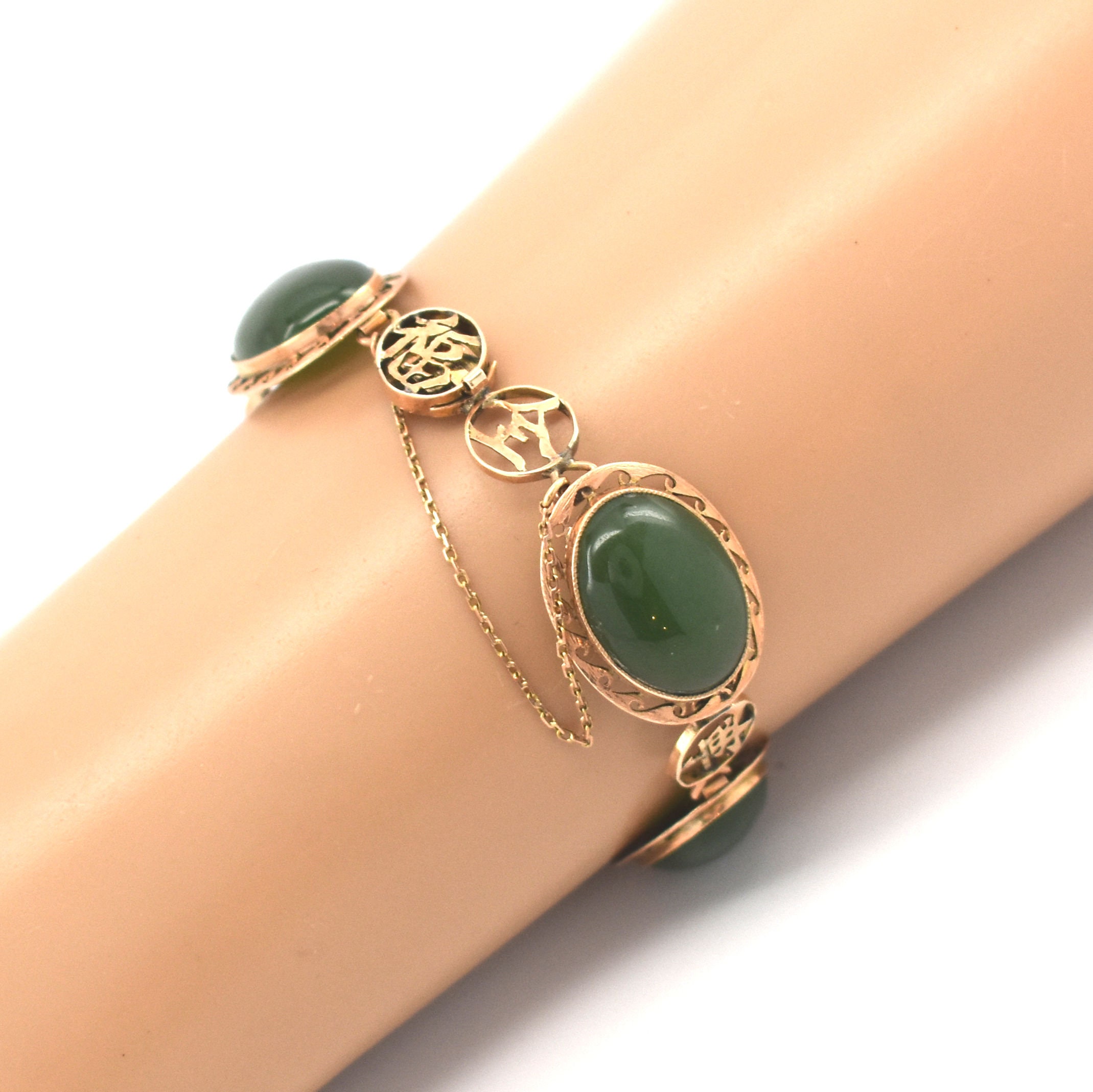 Art Deco Natural Jade 3 Oval Gems 14k Yellow Gold Bracelet – Bella Rosa  Galleries