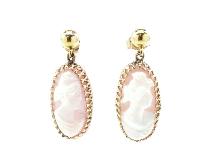 Estate Cameo Earrings Vintage 14K Solid Yellow Gold Carved Natural Shell Drop Dangle Earrings Holiday Gift