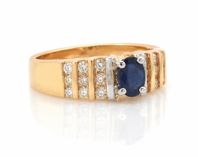 Vintage 14KP Sapphire Diamond Ring Modernist Gold Estate Ring