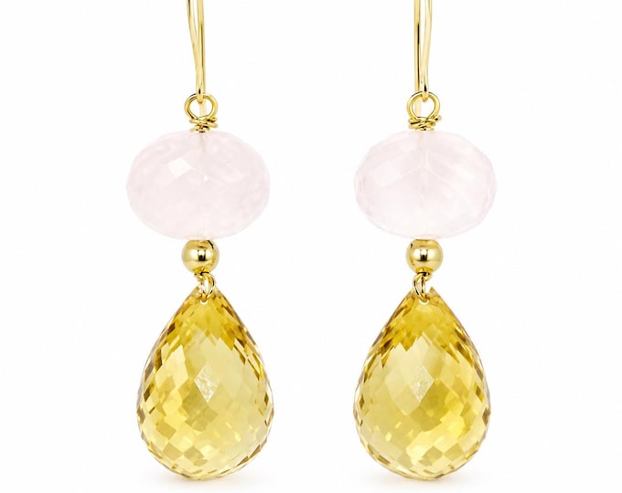 14K Gold Citrine Rose Quartz Dangle Earrings Boho Estate Gemstone Jewelry Gift