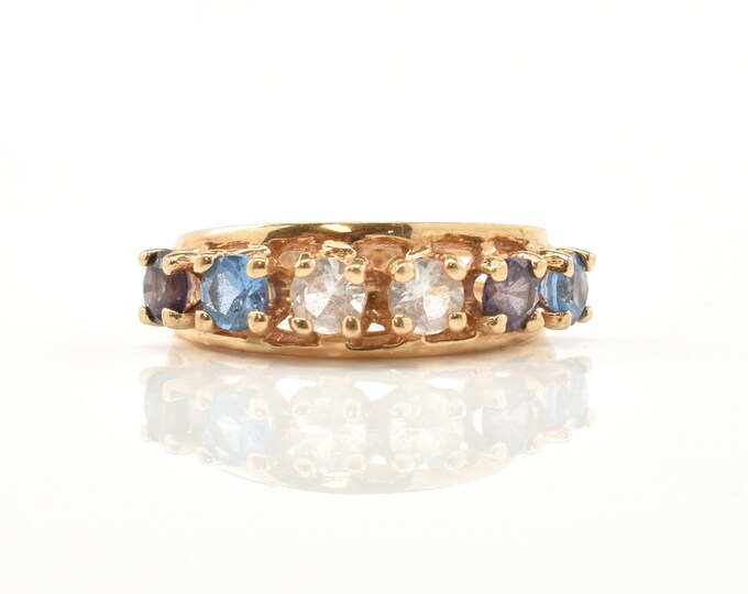 Estate Gemstone Ring Vintage 10K Solid Yellow Gold Natural Amethyst Quartz Tanzanite Size 7.75 Holiday Gift