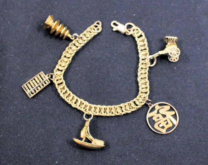 Estate 14K Solid Yellow Gold 6.75" Chain Link Bracelet with Chinese Themed Charms 14.7 Grams Holiday Gift