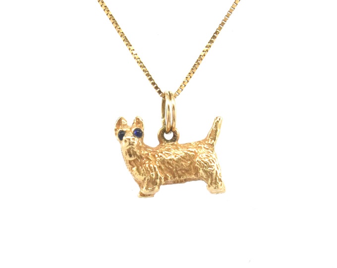 Estate Terrier Charm Vintage 14K Solid Yellow Gold Sapphire Blue Eyes Scotty Dog Westie West Highland White Pendant September Birthstone