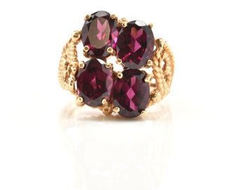 Vintage Garnet Ring 10K Solid Yellow Gold Oval Cut Rhodolite Garnets 5.8 Carats New Old Stock Size 6.75 January Birthstone Holiday Gift