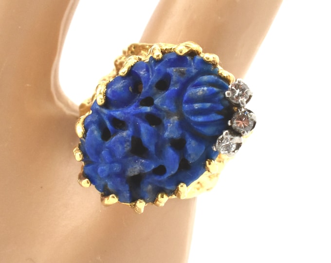 Estate Gemstone Ring Vintage 18K Solid Yellow Gold Natural Diamonds Carved Lapis Signed J. Tatar Size 4.5 December Birthstone Valentine