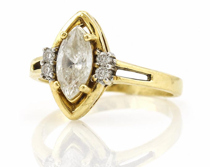 Vintage 14K Gold Marquise Diamond Ring, 1.0ct Center Stone, Size 6.75