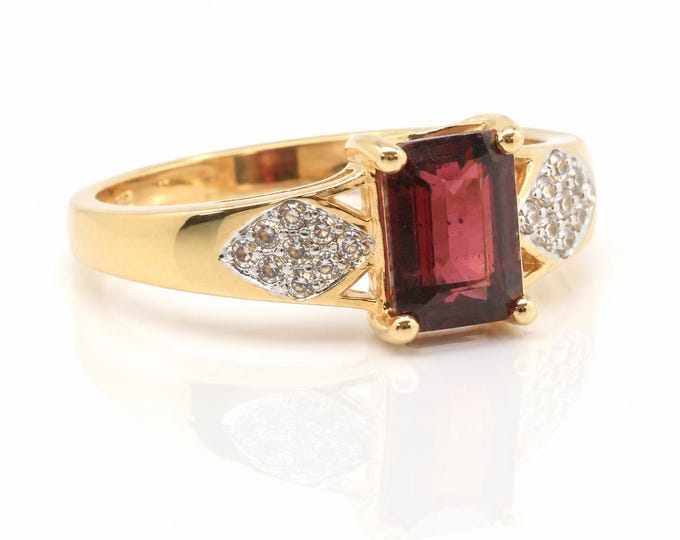 Vintage 14K Garnet Diamond Ring Rectangular Cut Size 6.75 Estate Jewelry