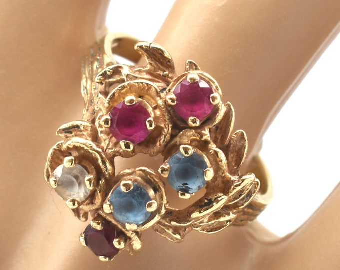 Estate Mothers Ring 14K Solid Yellow Gold Natural Gemstones Aquamarine Peridot Ruby Birthstones Size 8.5 Holiday Gift