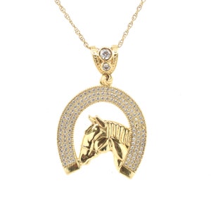 Estate Gold Pendant Vintage 10K Solid Yellow Gold Cubic Zirconia Horseshoe Horse Head New Old Stock Holiday Gift