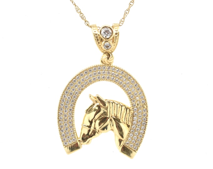 Estate Gold Pendant Vintage 10K Solid Yellow Gold Cubic Zirconia Horseshoe Horse Head New Old Stock Holiday Gift