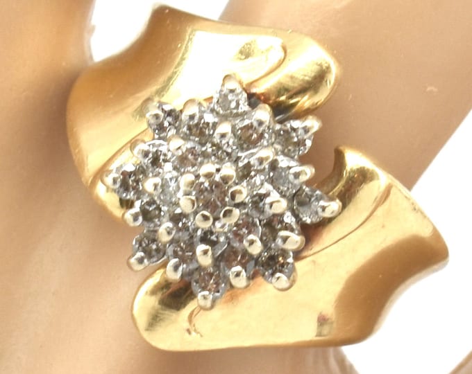 14K Solid Yellow Gold Natural Diamonds Ring Vintage Estate Cluster Half Carat Total G SI2 Signed FTJ Nearly 5 Grams Size 6.5 Holiday Gift