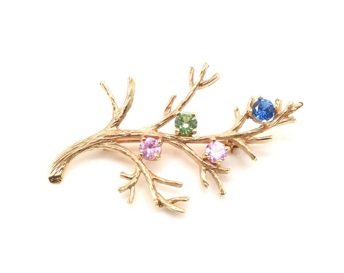 Estate Gemstone Brooch Vintage 14K Solid Yellow Gold Natural Tanzanite Pink Topaz Peridot Branch Pin Holiday Gift
