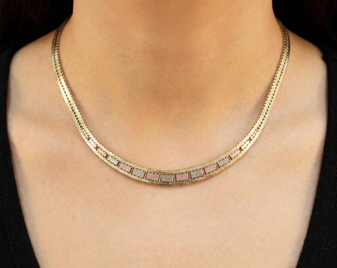 Estate 14K Gold Wheat Chain Necklace, Yellow, Rose & White Gold, 16.5 Inch