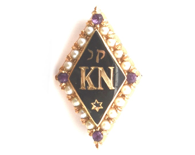 Estate Gold Pin Vintage 14K Solid Yellow Gold Natural Amethysts Pearls 1932 Kappa Nu Fraternity Monogrammed WKH Holiday Gift