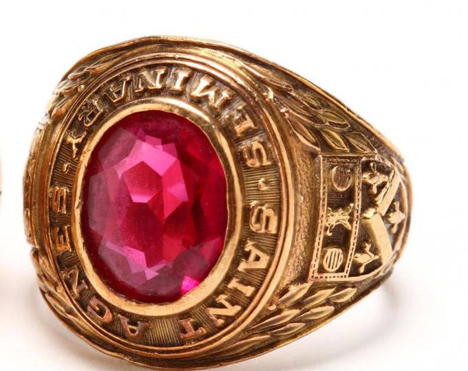 Estate Gold Ring Vintage 10K Solid Yellow Gold Ruby 1958 Brooklyn NY St Agnes Seminary Class Ring Size 6 Priscilla Marie Bohne Holiday Gift