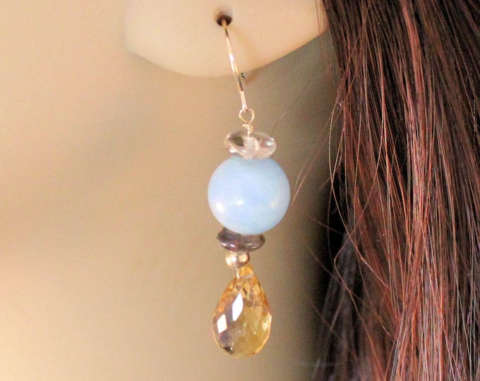 Estate 14K Yellow Gold Aquamarine White Topaz Citrine Smoky Quartz Dangle Earrings 28.15 Carats Total Weight CTW 5.85 Grams Holiday Gift