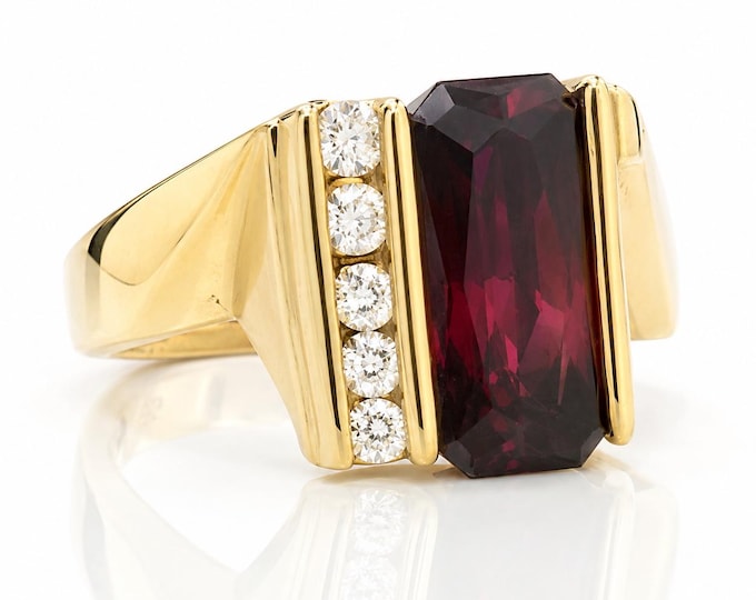 Vintage Garnet & Diamond Ring, 14K Yellow Gold, January Birthstone, Size 7