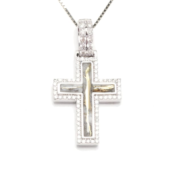 Estate Gemstone Cross Vintage 10K Solid White Gold Natural Diamonds Quartz Pendant New Old Stock Holiday Gift