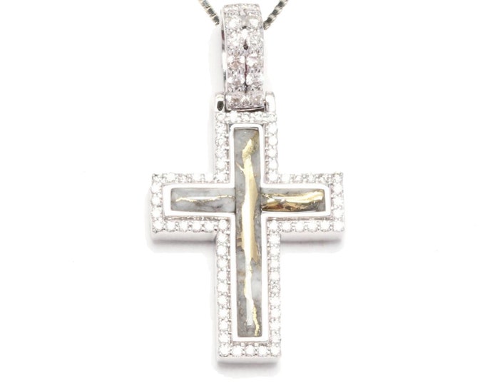 Estate Gemstone Cross Vintage 10K Solid White Gold Natural Diamonds Quartz Pendant New Old Stock Holiday Gift