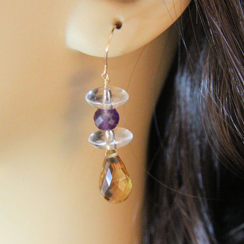 Estate Pair 14K Yellow Gold Citrine Amethyst White Topaz Drop Dangle Earrings 28 Carats Total Weight 5.78 Grams Wedding