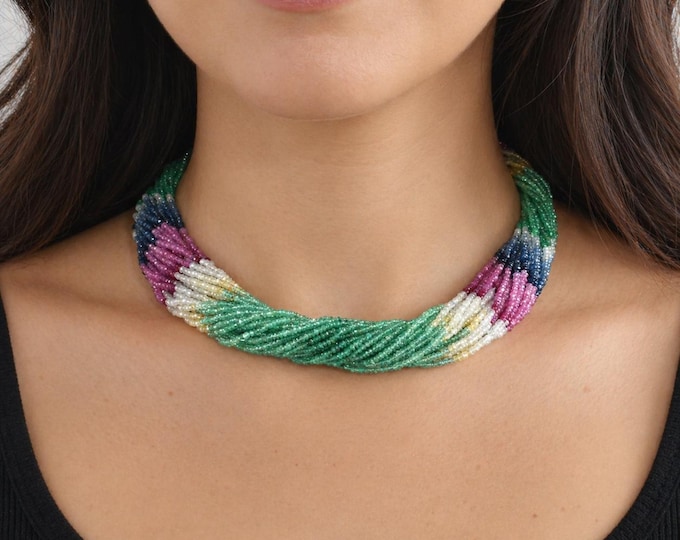 Estate Gemstone Torsade Necklace: 18K 14K Gold, Sapphires, Rubies, Emeralds