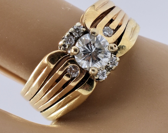 14K Solid Yellow Gold Natural Diamonds Gift Ring Set Vintage Estate Half Carat VS Center Stone 6 Accents Over 5 Grams Size 5 Gift