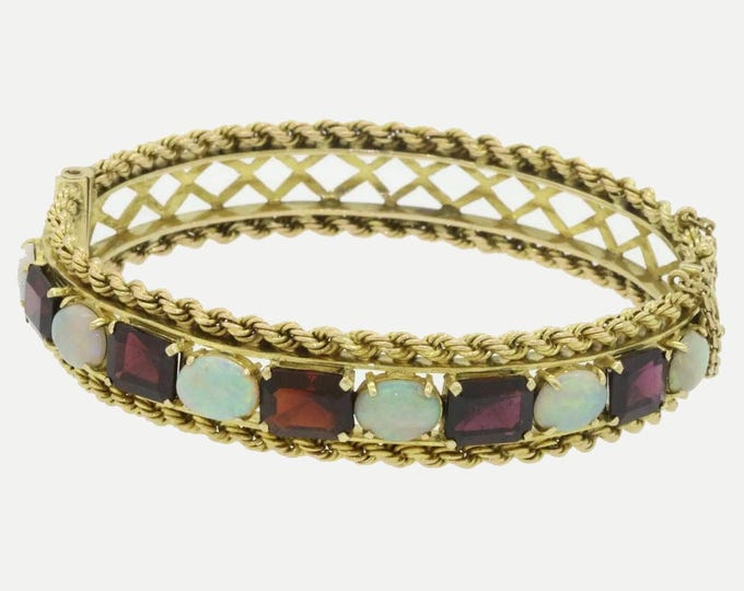 Vintage 14K Gold Gemstone Bangle, Garnets and Opals, 7.18 Inches