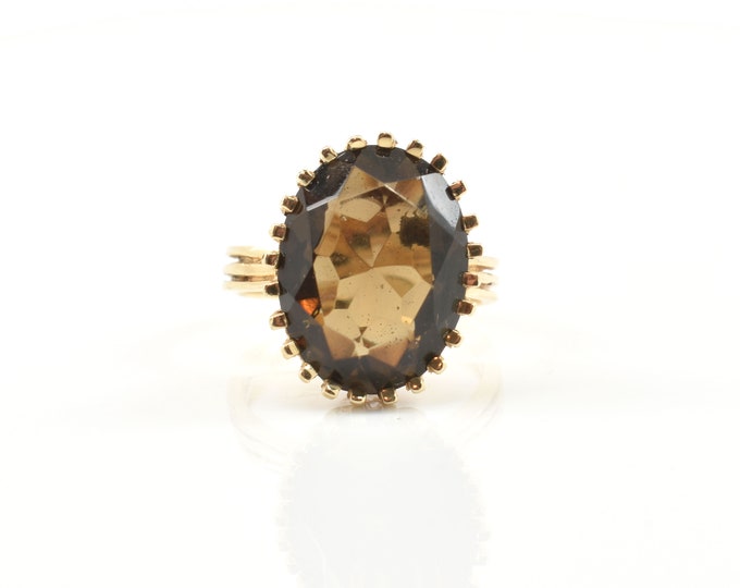 Estate Gemstone Ring Vintage 14K Solid Yellow Gold Natural Smoky Quartz Oval Cut Chocolate Brown 8 Carats Size 7.25 Holiday Gift