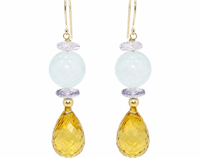 Estate 14K Yellow Gold Gemstone Drop Earrings: Aquamarine, Citrine, Amethyst