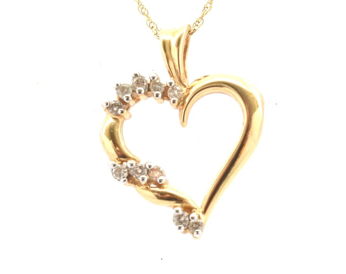 Estate Diamond Pendant Vintage 14K Solid Yellow Gold Natural Diamonds Open Heart Quarter Carat Total Weight April Birthstone Holiday Gift