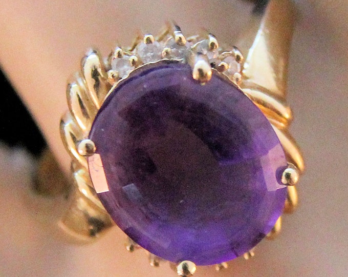 Estate 14K Yellow Gold Genuine 4 Carat Oval Cut Amethyst & Diamonds Ring 5.22 Grams Size 8.5 February Birthstone Holiday Gift
